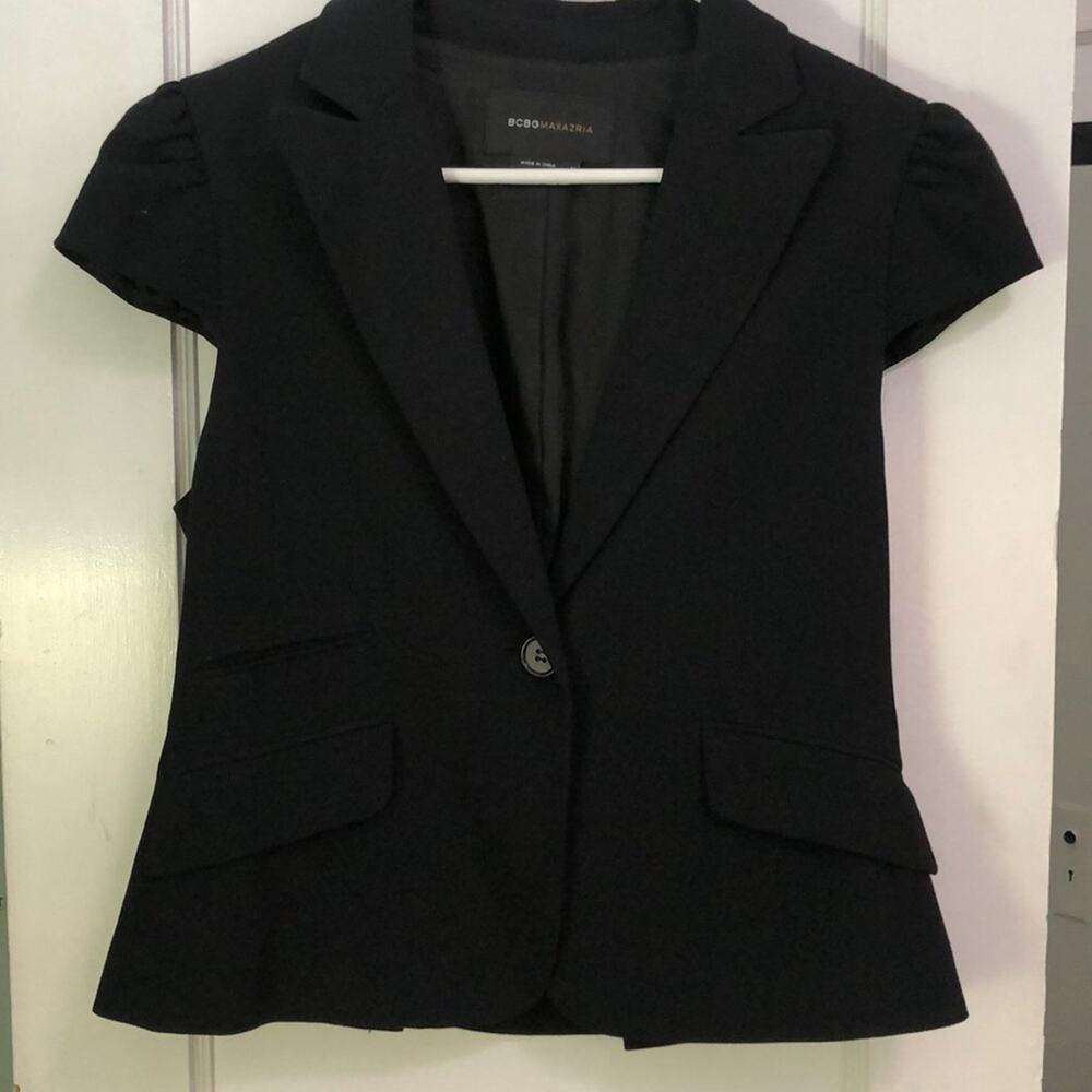 BCBGMaxAzria Ruched Cap Short Sleeve Black Blazer Jacket